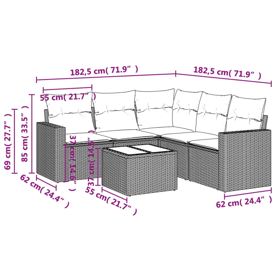 Salon de jardin 6 pcs avec coussins gris clair résine tressée - 3