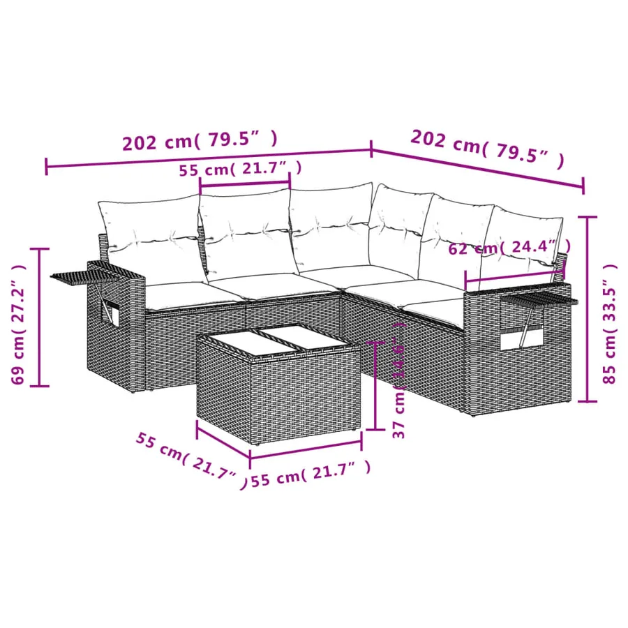 Salon de jardin 6 pcs avec coussins gris clair résine tressée - 3