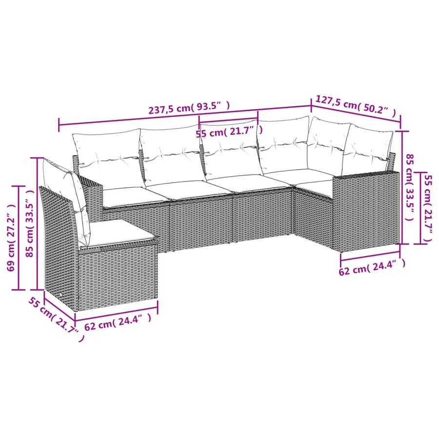 Salon de jardin 6 pcs avec coussins gris clair résine tressée - 3