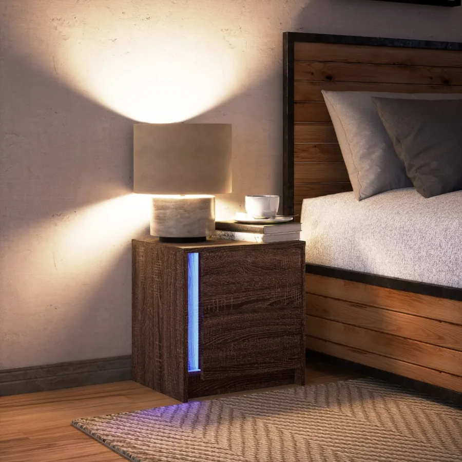 Armoire de chevet et lumières LED chêne marron bois ingénierie - 5