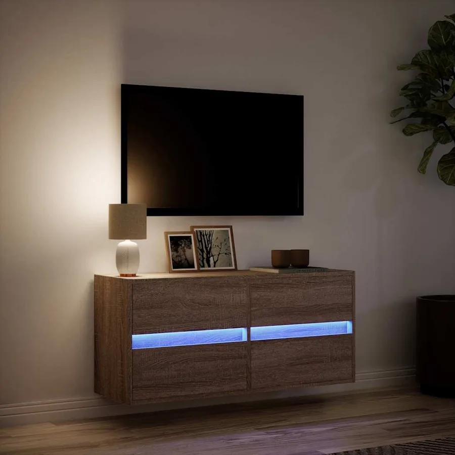 Meuble TV mural avec lumières LED chêne marron 100x31x45 cm - 5