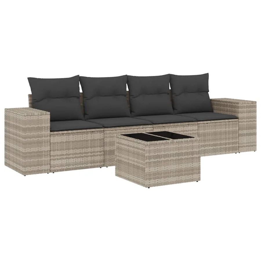 Salon de jardin 5 pcs avec coussins gris clair résine tressée - 2