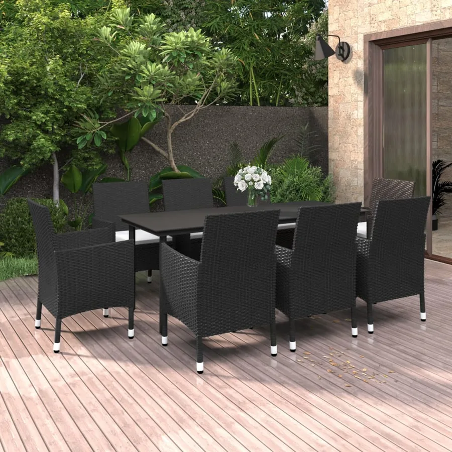 Ensemble à manger de jardin coussins 9 pcs Résine tressée Verre
