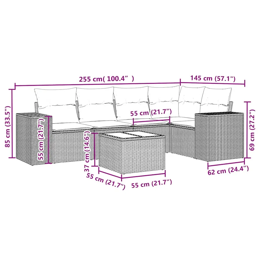 Salon de jardin 6 pcs avec coussins gris clair résine tressée - 8