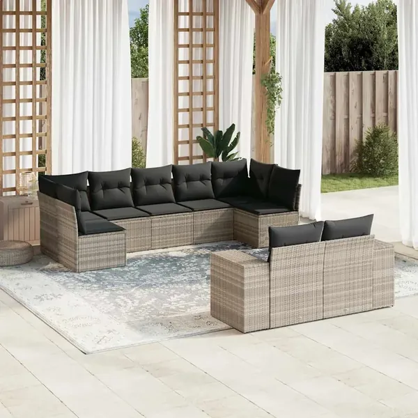 Salon de jardin 9 pcs avec coussins gris clair résine tressée