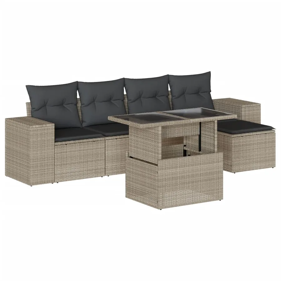 Salon de jardin 6 pcs avec coussins gris clair résine tressée - 2