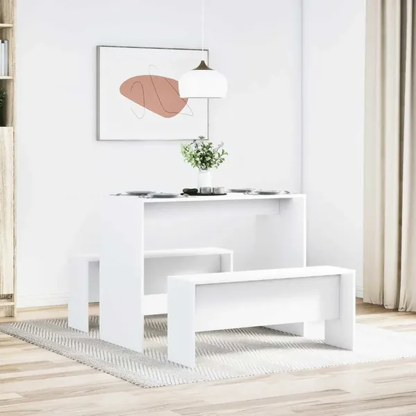 Ensemble table à manger et bancs 3pcs blanc bois d'ingénierie
