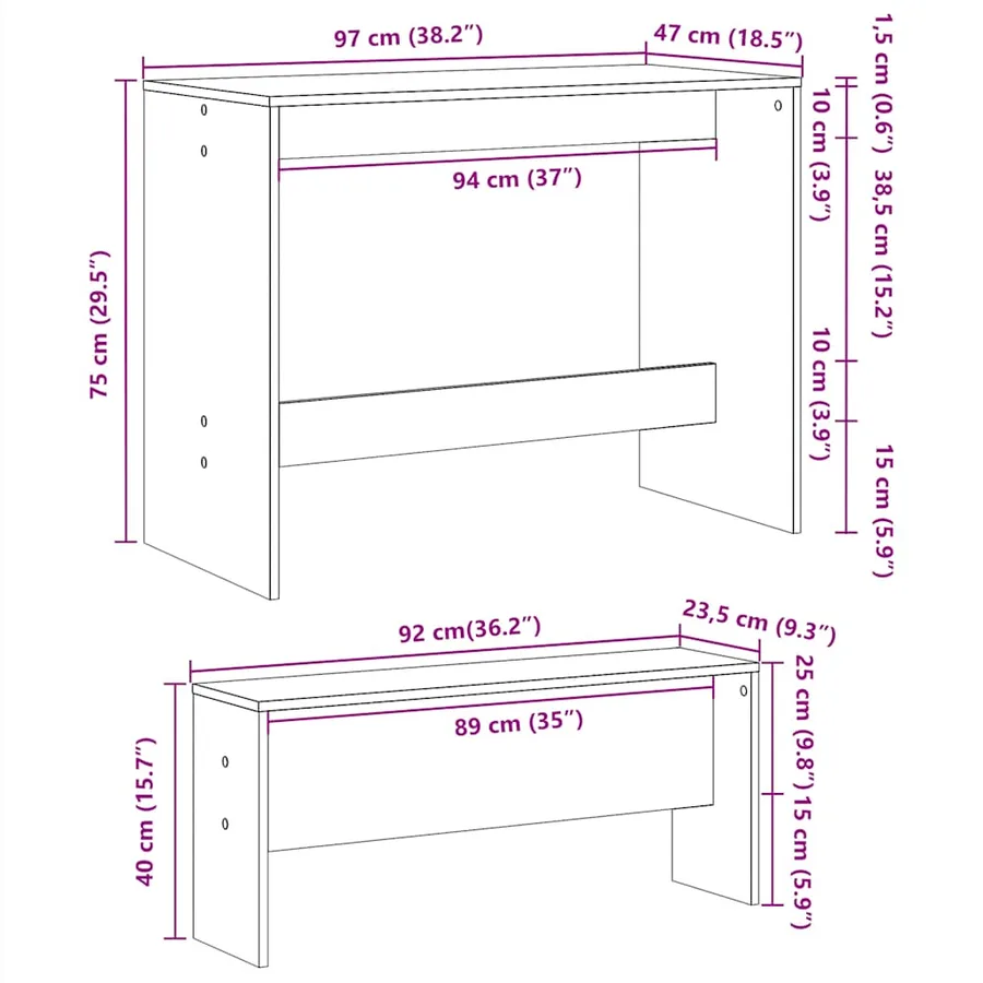 Ensemble table à manger et bancs 3pcs blanc bois d'ingénierie - 10
