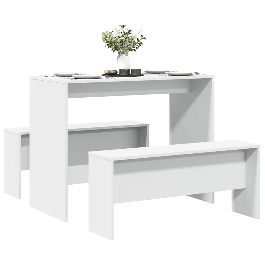 Ensemble table à manger et bancs 3pcs blanc bois d'ingénierie - 3