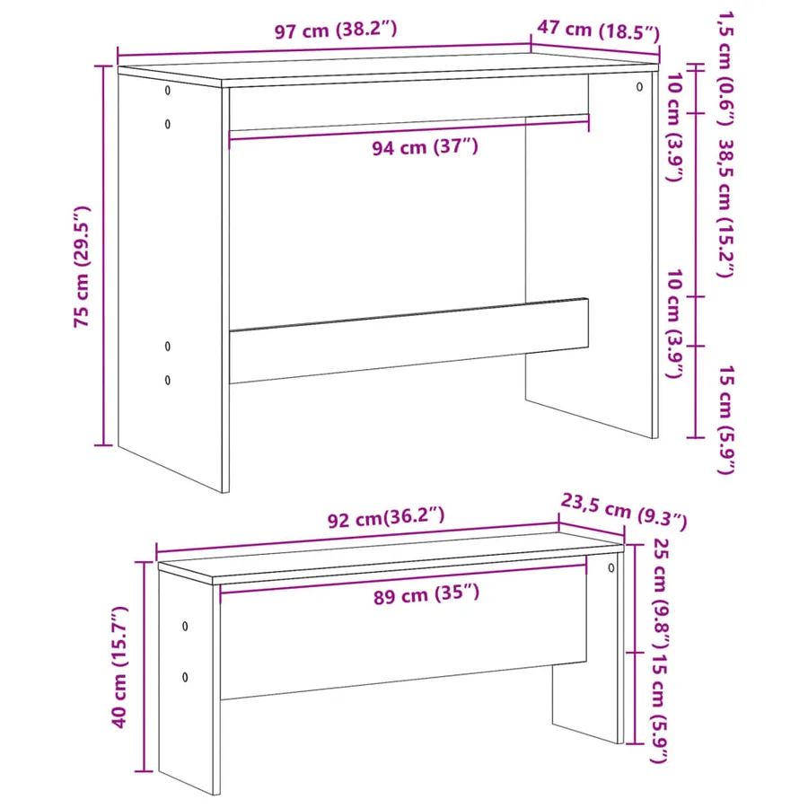 Ensemble table à manger et bancs 3 pcs bois d'ingénierie - 10
