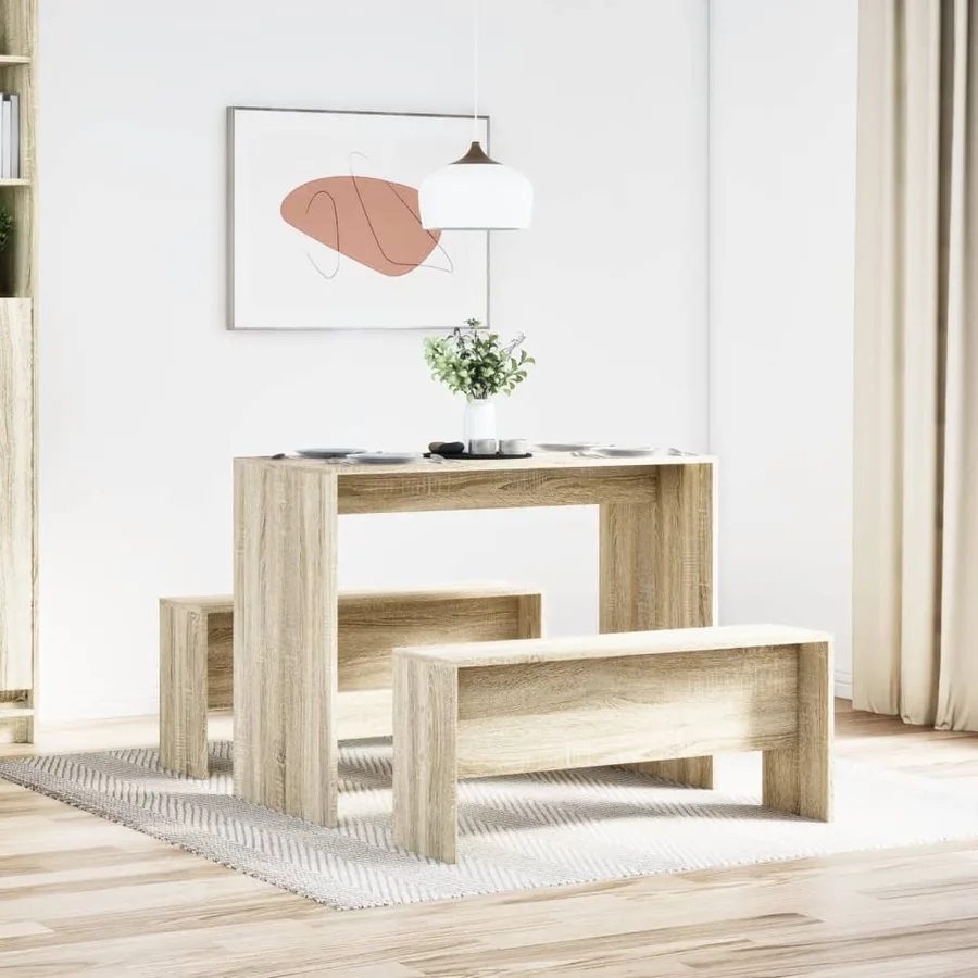 Ensemble table à manger et bancs 3 pcs bois d'ingénierie - 3