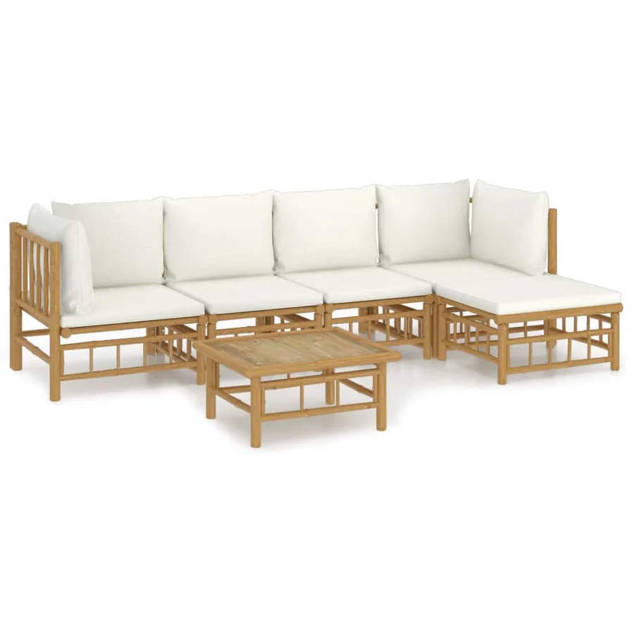 Salon de jardin 6 pcs avec coussins blanc crème bambou - 2