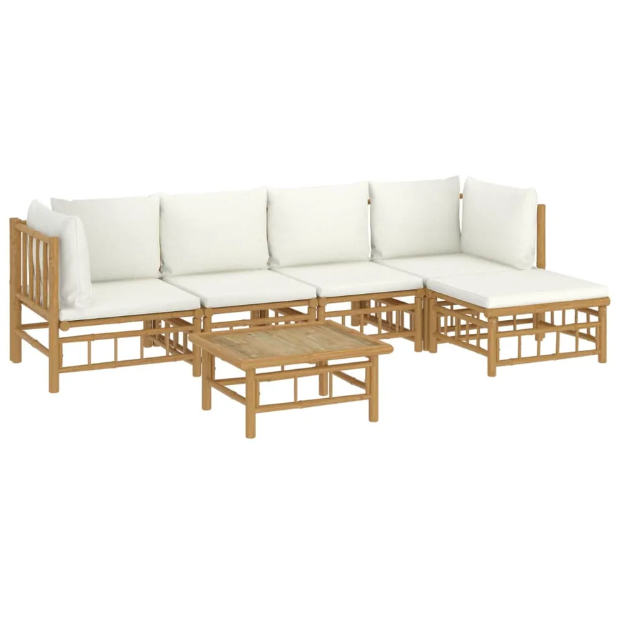 Salon de jardin 6 pcs avec coussins blanc crème bambou - 3