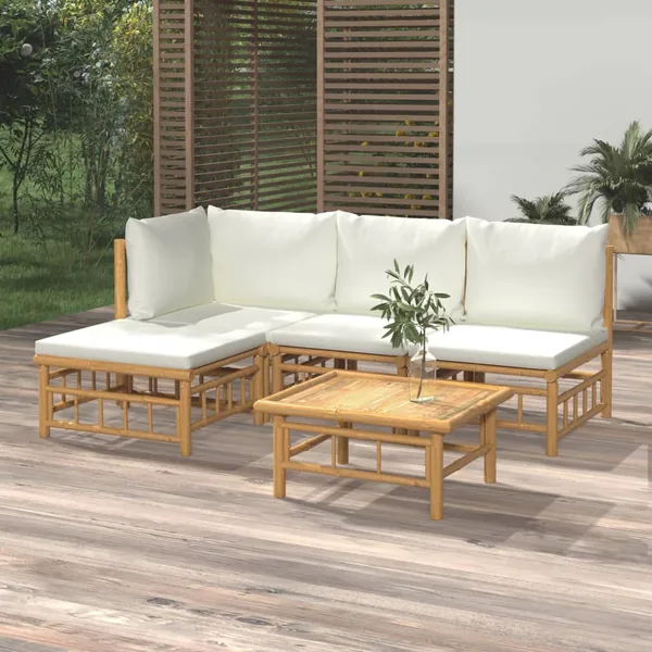 Salon de jardin 5 pcs avec coussins blanc crème bambou