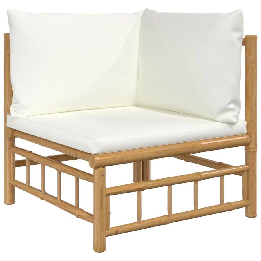 Salon de jardin 5 pcs avec coussins blanc crème bambou - 4