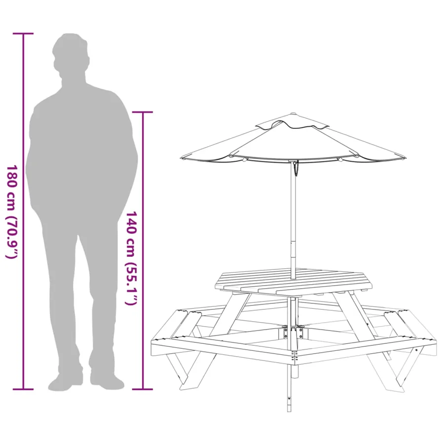 Table de pique-nique pour 6 enfants avec parasol hexagone sapin - 12