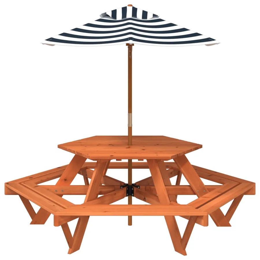 Table de pique-nique pour 6 enfants avec parasol hexagone sapin - 3