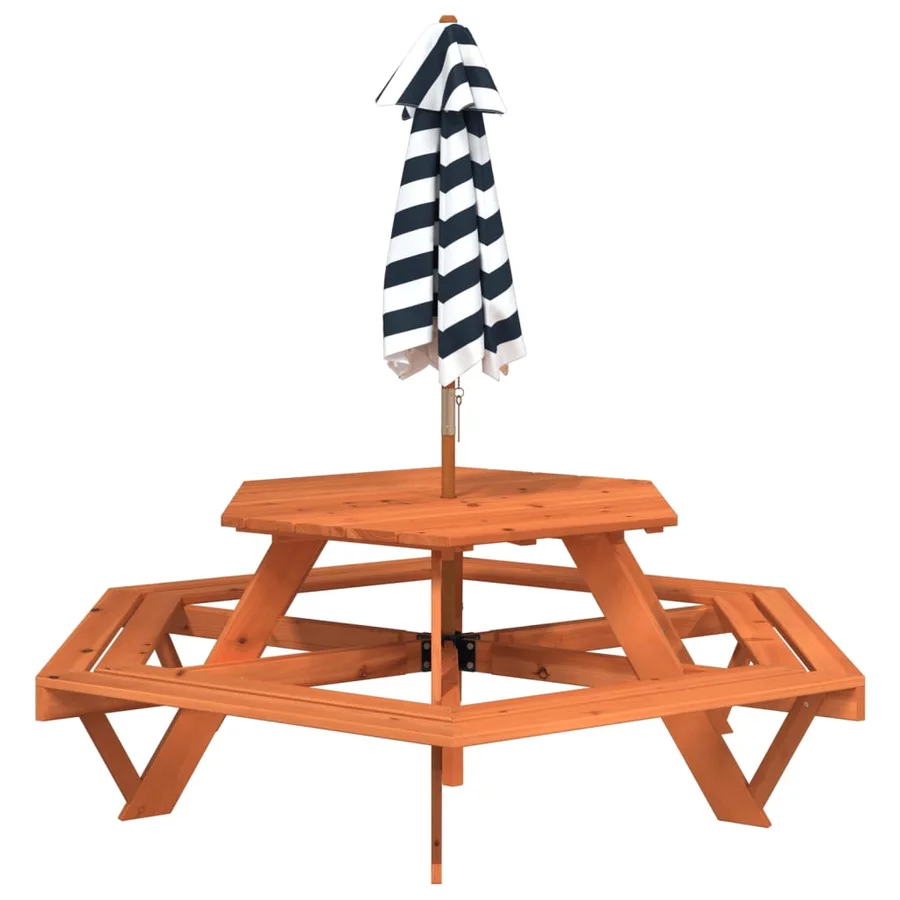 Table de pique-nique pour 6 enfants avec parasol hexagone sapin - 6