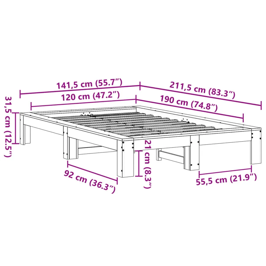 Cadre de lit sans matelas cire marron 120x190cm bois pin massif - 8
