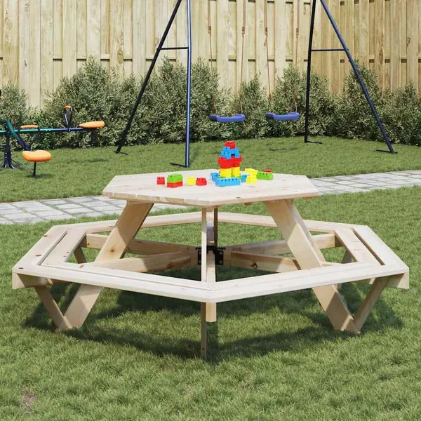Table de pique-nique pour 6 enfants avec bancs hexagonal sapin
