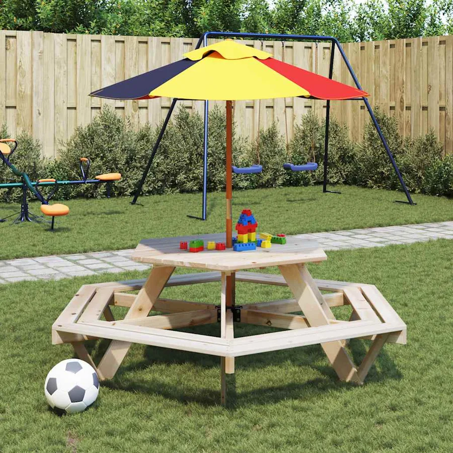 Table de pique-nique pour 6 enfants avec bancs hexagonal sapin - 3