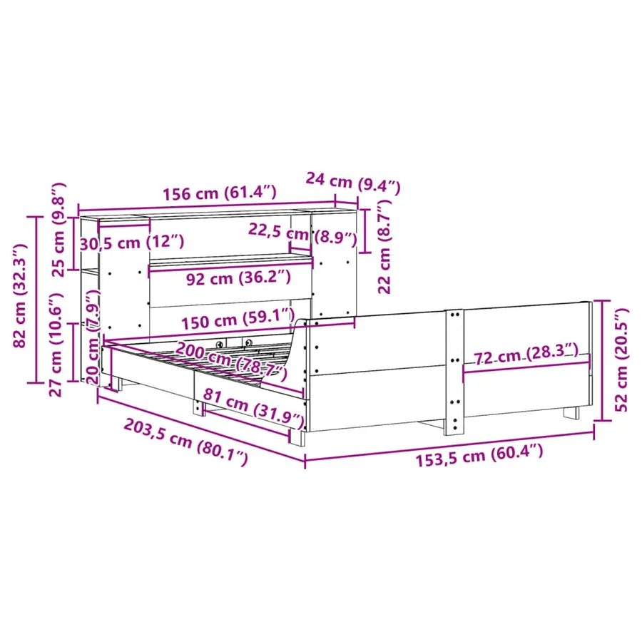 Cadre de lit sans matelas 150x200 cm bois de pin massif - 12