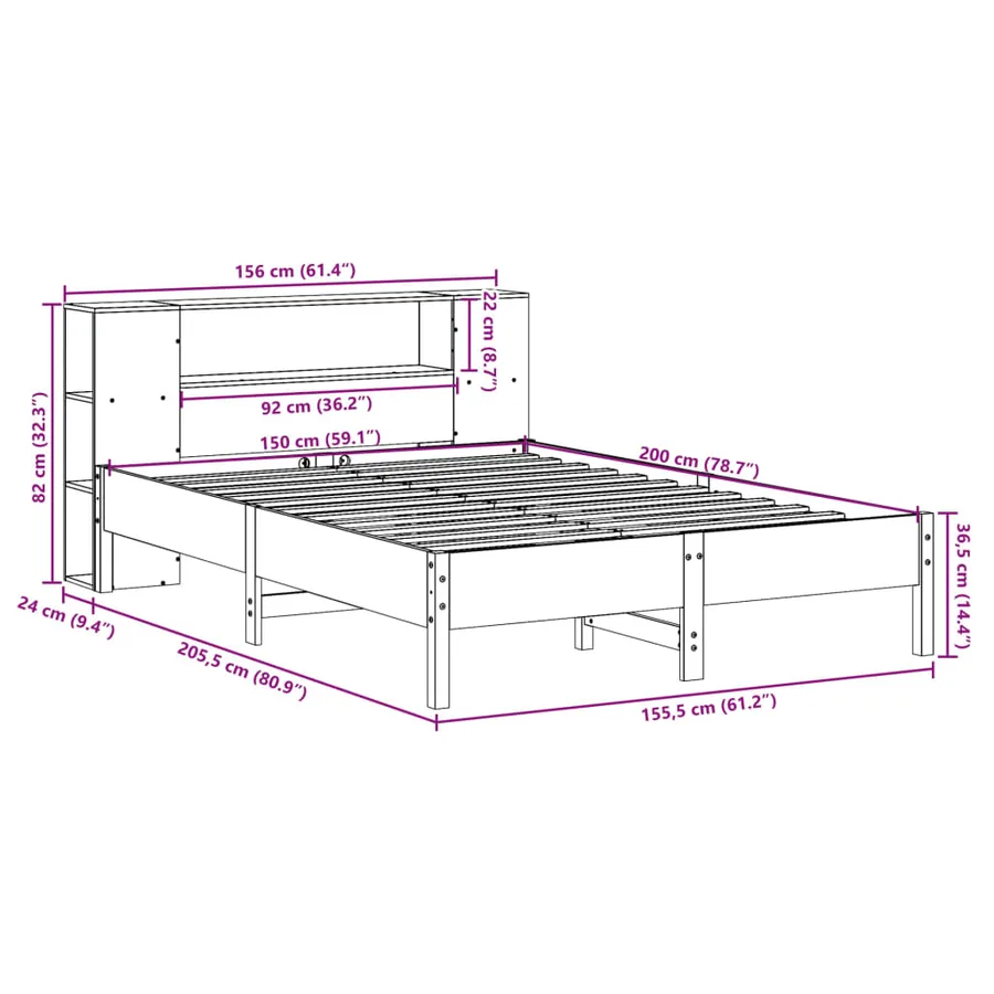 Lit bibliothèque sans matelas 150x200 cm bois massif de pin - 11