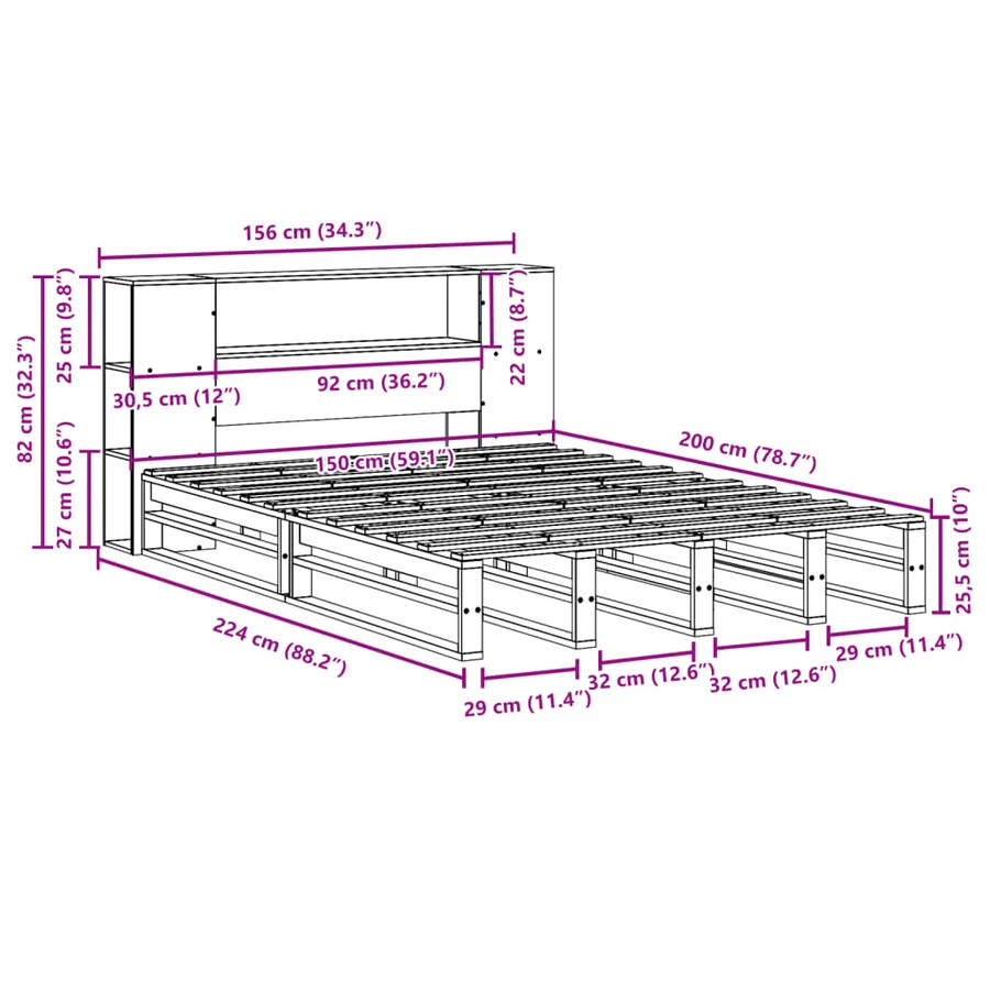 Lit bibliothèque sans matelas 150x200 cm bois massif - 12