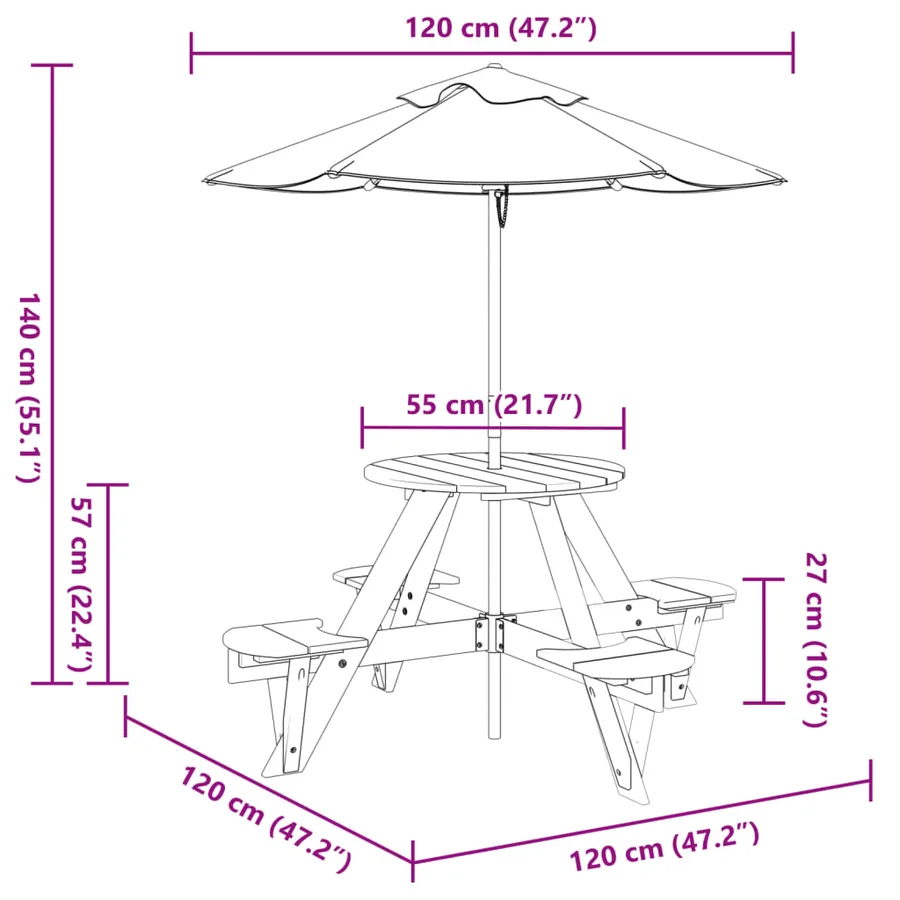 Table de pique-nique pour 4 enfants avec parasol rond sapin - 11