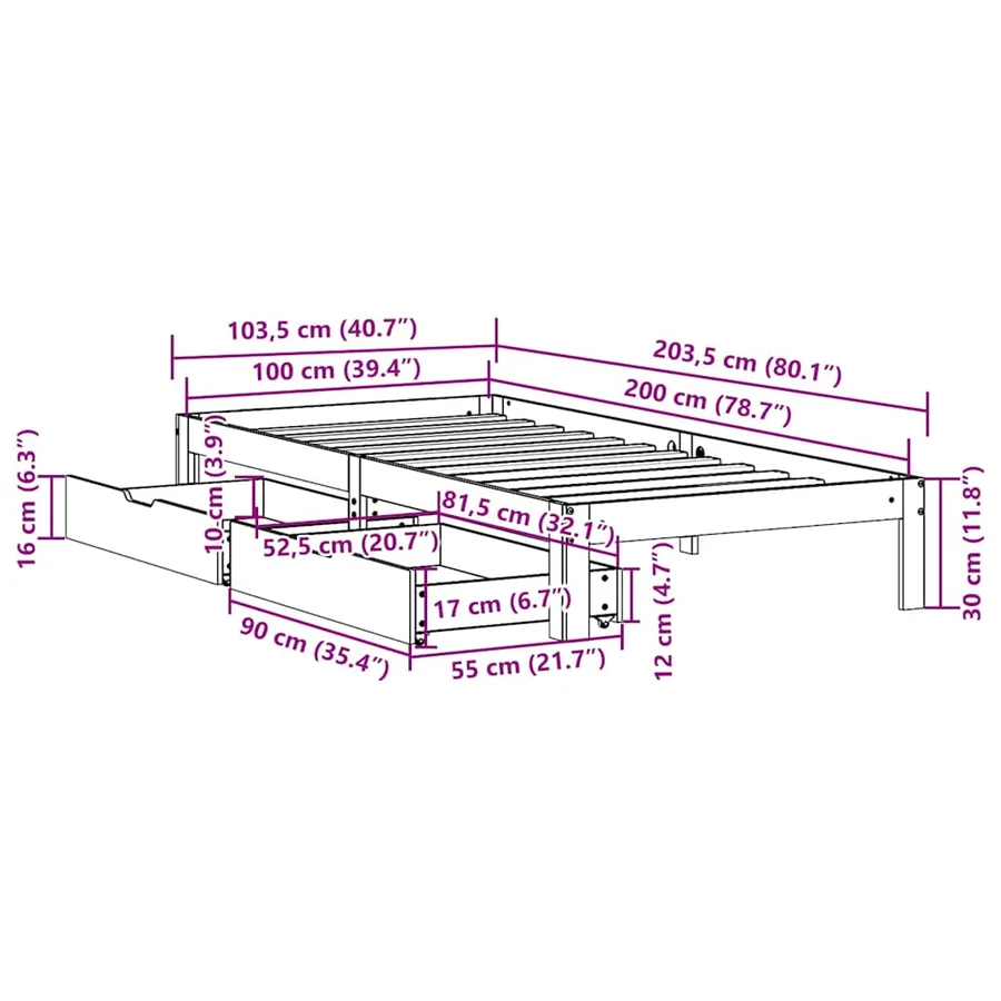 Cadre de lit avec tiroirs sans matelas 100x200 cm - 11