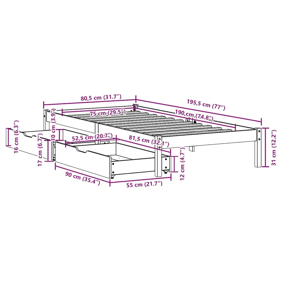 Cadre de lit sans matelas 75x190 cm bois de pin massif - 11