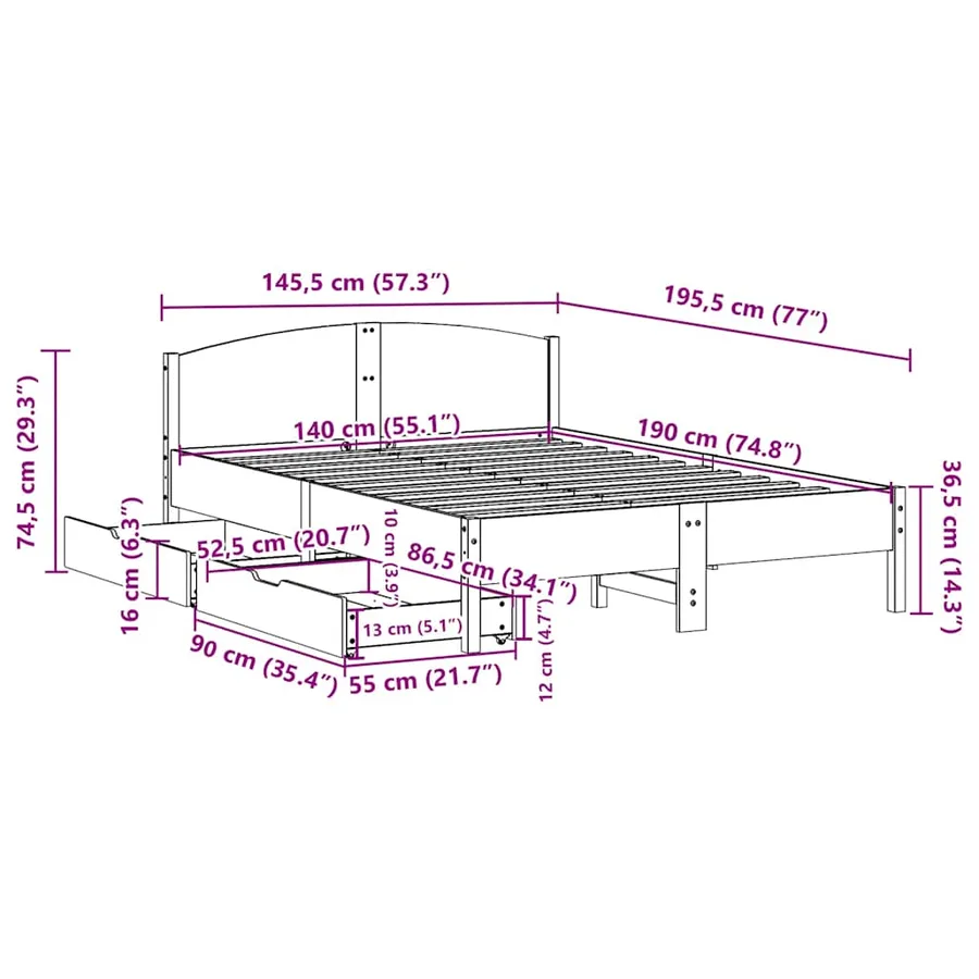 Cadre de lit sans matelas blanc 140x190 cm bois de pin massif - 11
