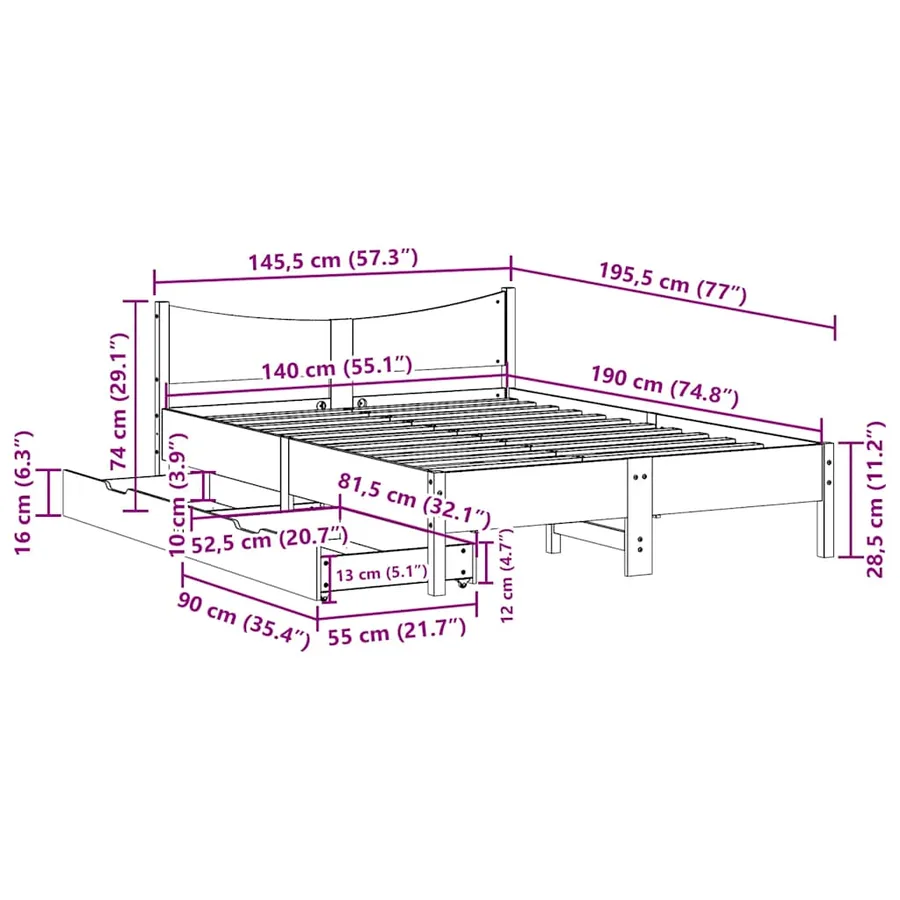 Cadre de lit avec tiroirs cire marron 140x190cm bois pin massif - 11