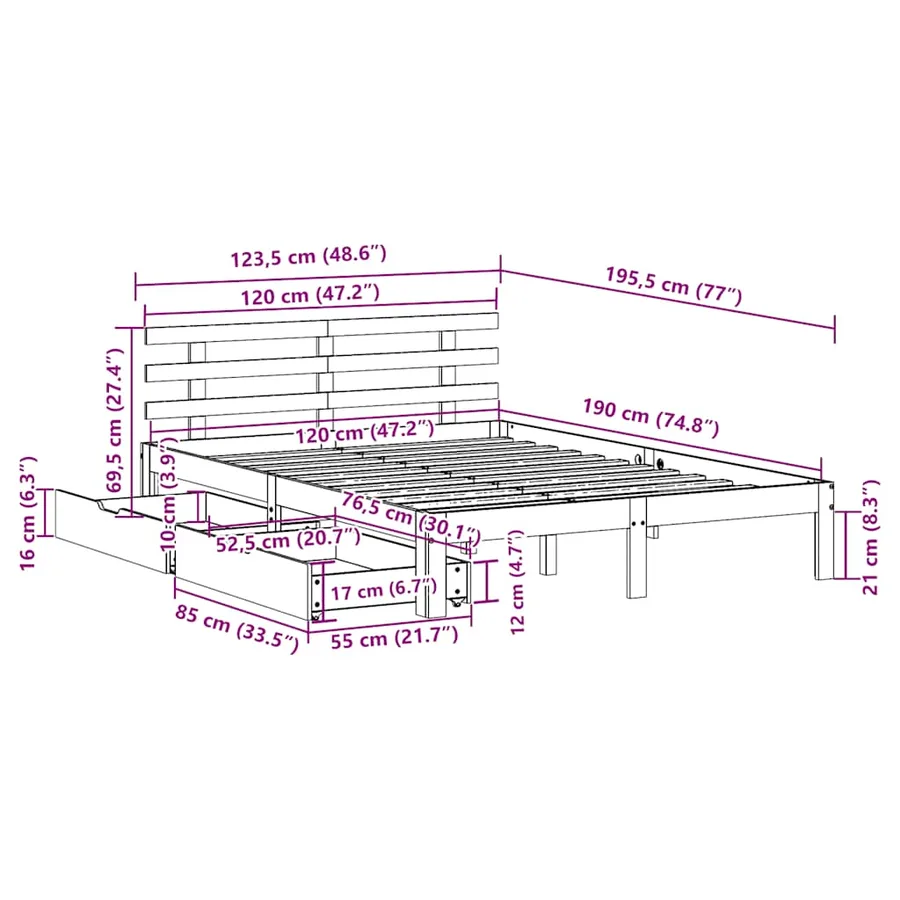 Cadre de lit avec tiroirs sans matelas blanc 120x190 cm - 11
