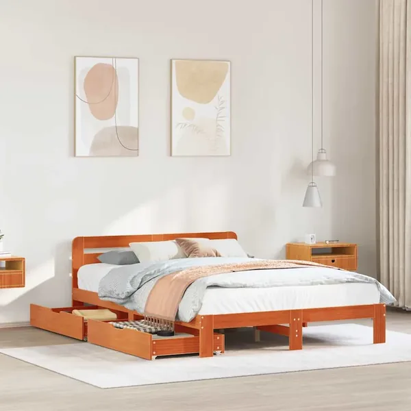 Cadre de lit sans matelas cire marron 135x190cm bois pin massif