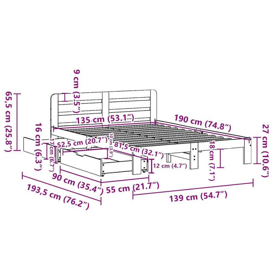 Cadre de lit sans matelas cire marron 135x190cm bois pin massif - 11