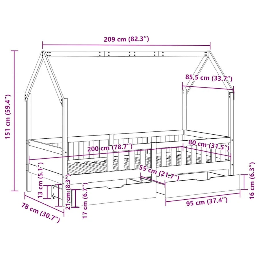 Cadre de lit enfants avec tiroirs sans matelas 80x200 cm bois - 12