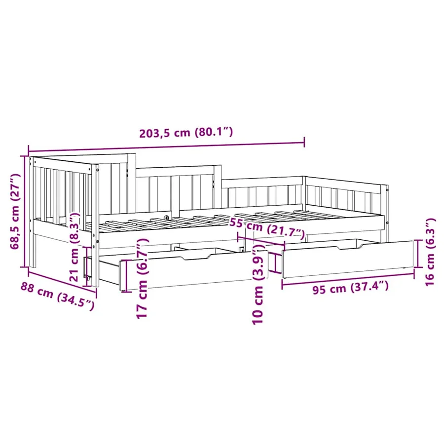 Lit de jour et tiroirs sans matelas blanc 80x200 cm bois massif - 12