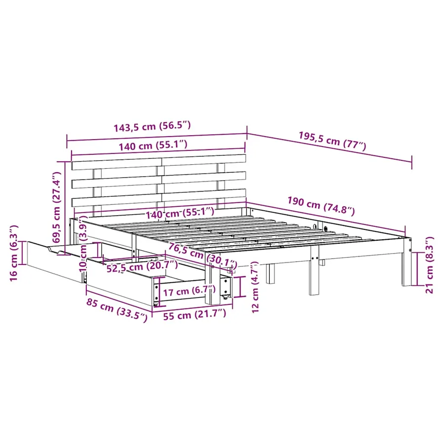 Cadre de lit avec tiroirs sans matelas 140x190 cm - 11