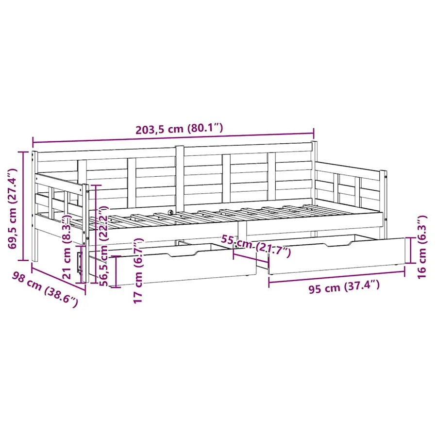Lit de jour et tiroirs sans matelas blanc 90x200 cm bois massif - 12