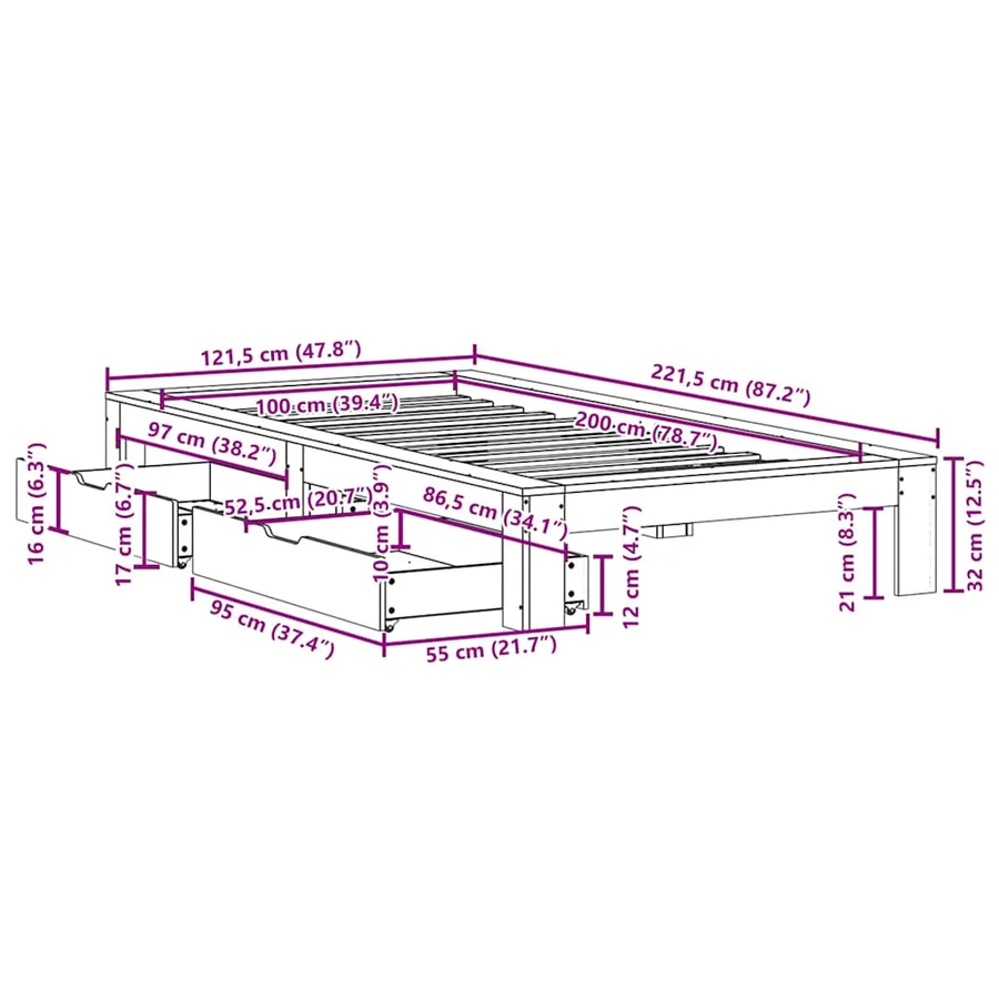 Cadre de lit sans matelas blanc 100x200 cm bois de pin massif - 12