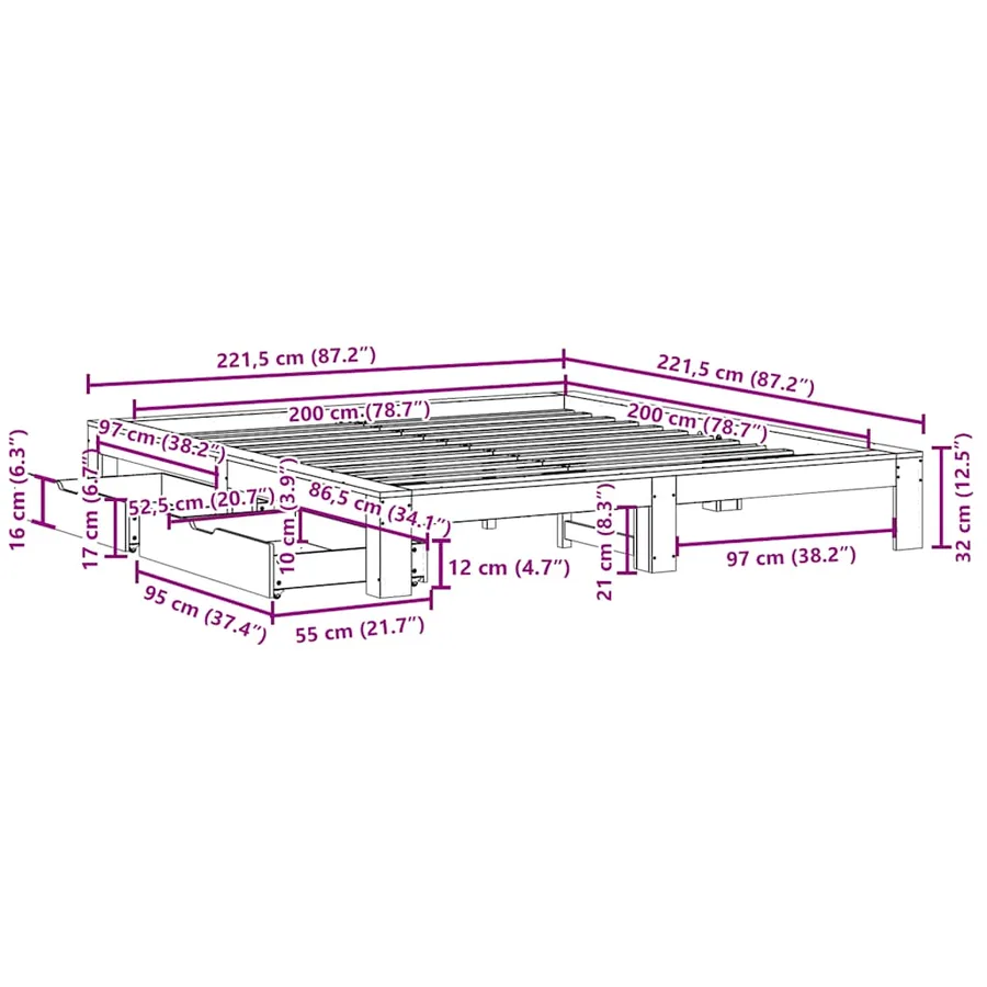 Cadre de lit sans matelas 200x200 cm bois massif de pin - 12