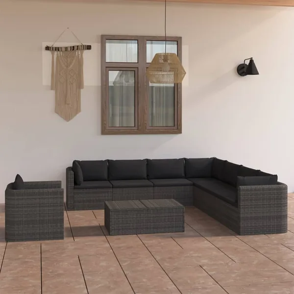 Salon de jardin 9 pcs avec coussins Résine tressée Gris