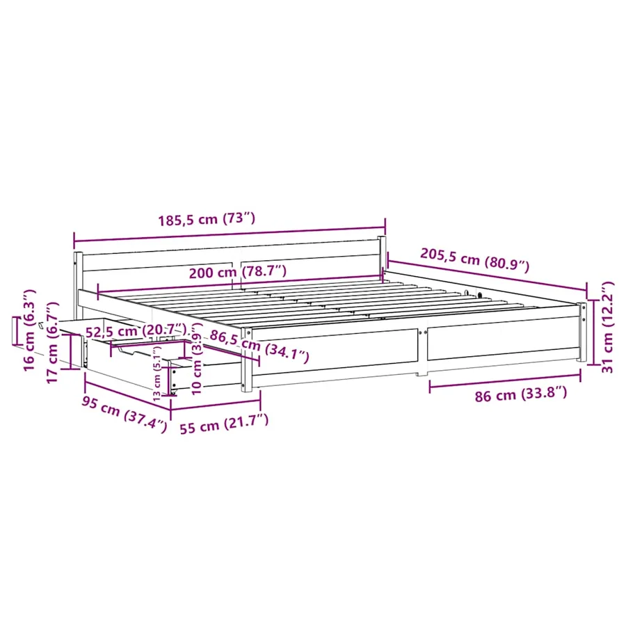 Cadre de lit sans matelas 180x200 cm bois massif de pin - 12