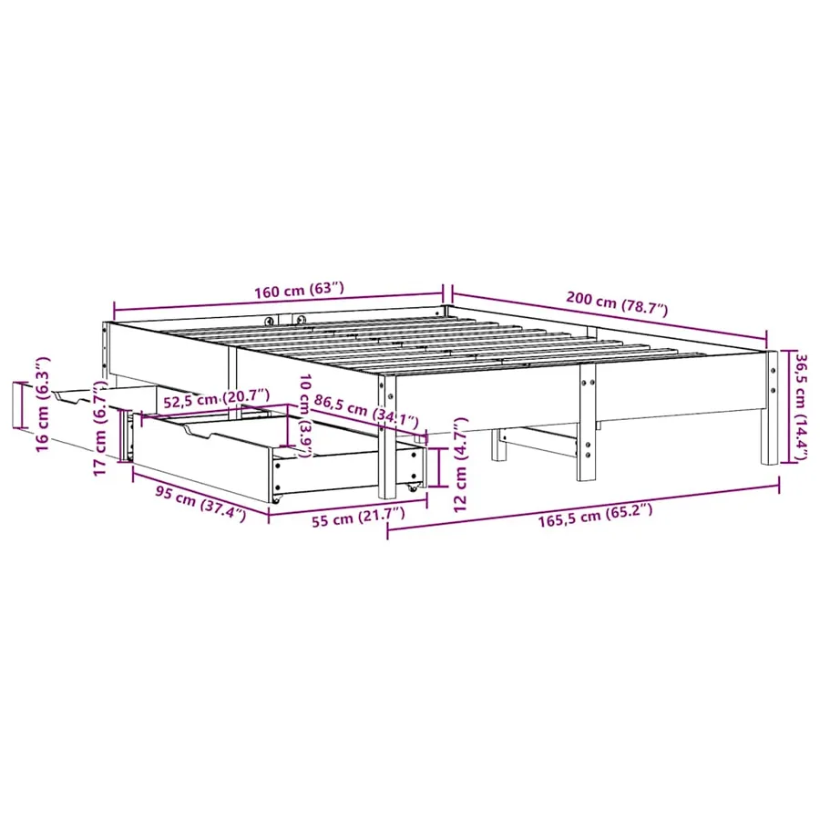 Cadre de lit sans matelas blanc 160x200 cm bois de pin massif - 11
