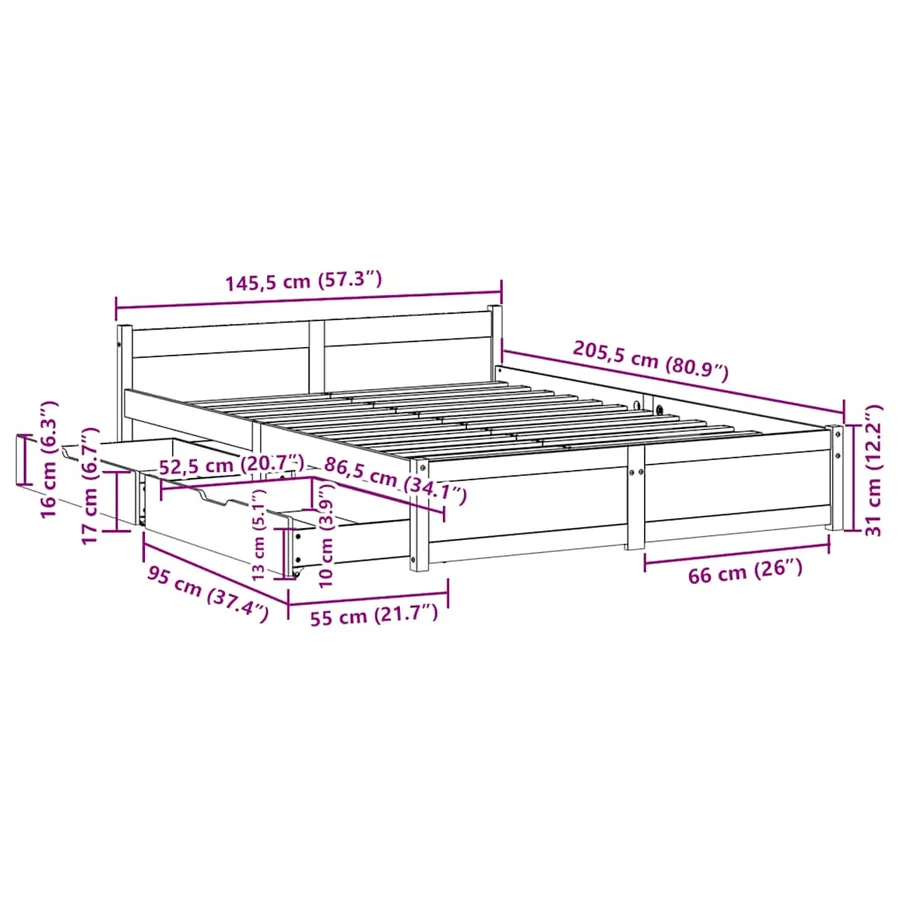 Cadre de lit sans matelas blanc 140x200 cm bois de pin massif - 12