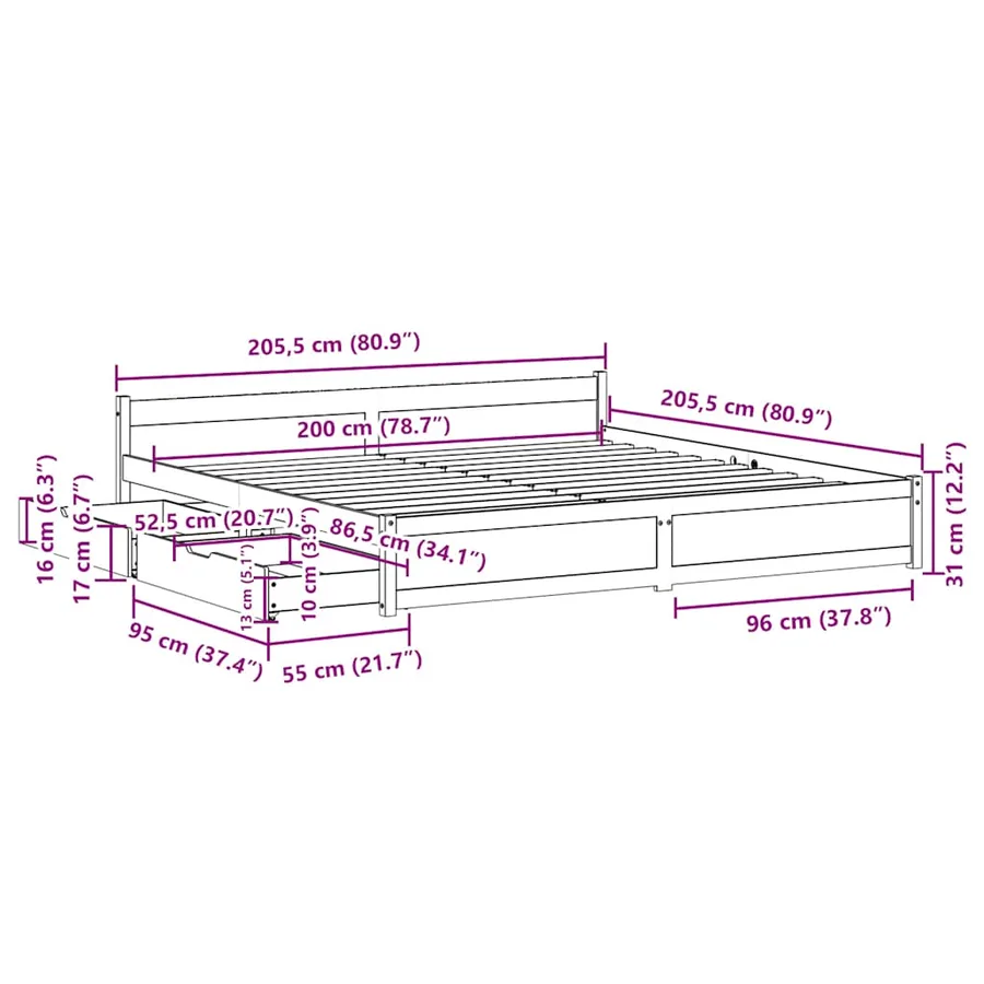 Cadre de lit sans matelas 200x200 cm bois massif de pin - 12