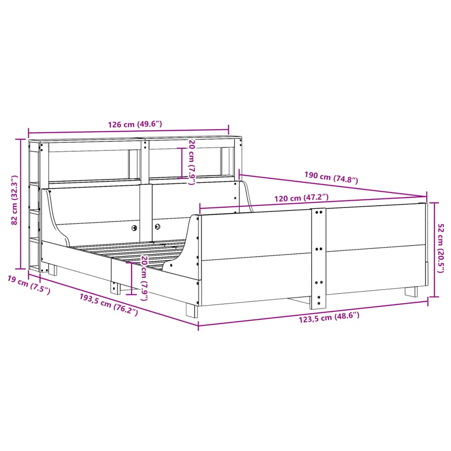 Cadre de lit sans matelas cire marron 120x190cm bois pin massif - 12