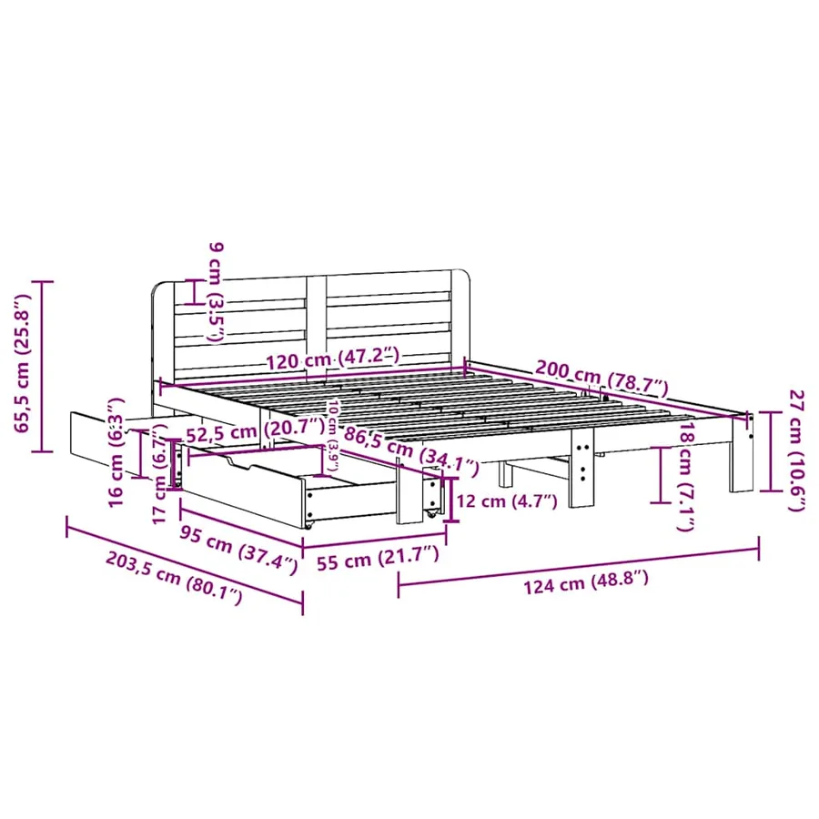 Cadre de lit sans matelas cire marron 120x200cm bois pin massif - 11