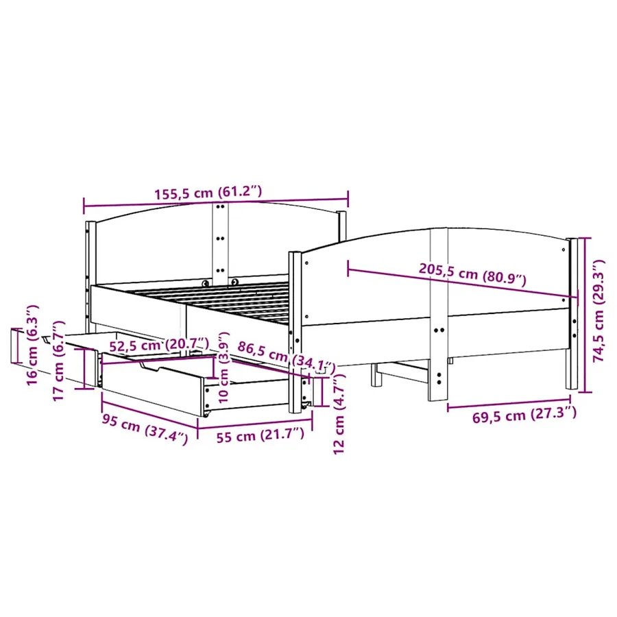 Cadre de lit sans matelas cire marron 150x200cm bois pin massif - 12